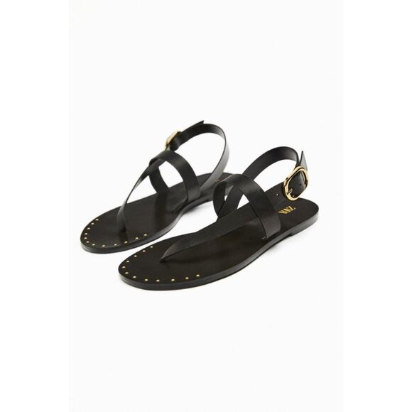 Black Zara Leather Gold Tone Studded Ankle Buckle Closure Flat Sandals (NWT) - Picture 9 of 9